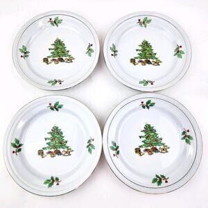 Holiday Hostess Salad/Dessert Porcelain Plates Christmas Tree Gold Trim Set Of 4